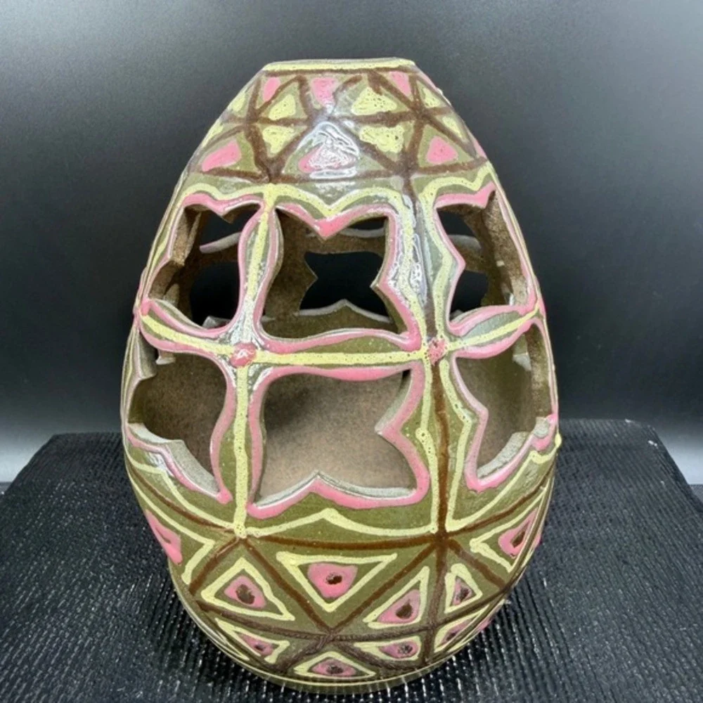 Handmade Ceramic Egg Lantern Tea‎ Light Holder Geometric Cutout Pink Green 6